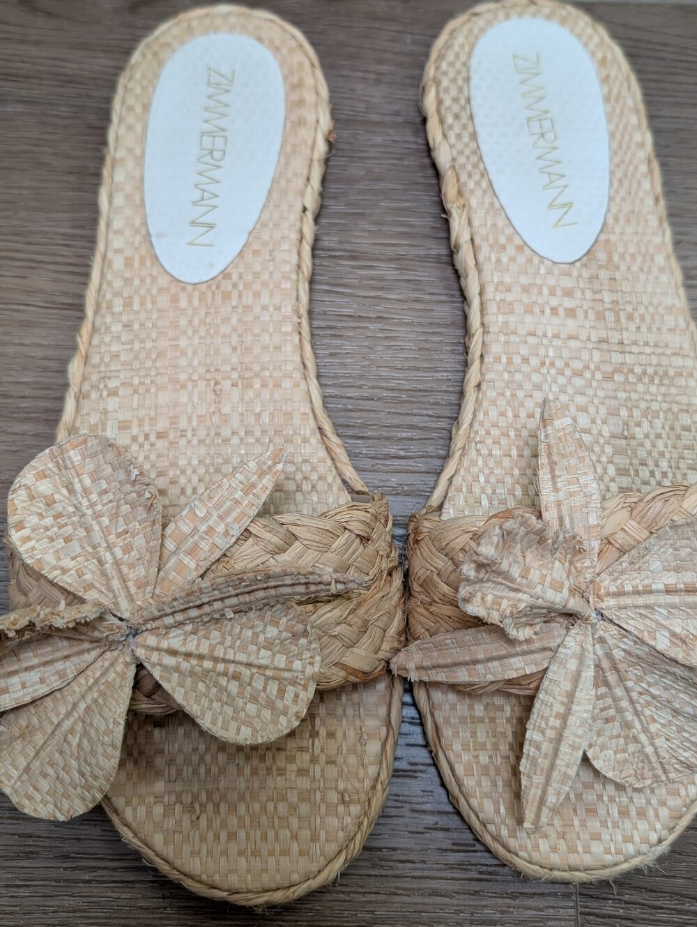 Zimmermann Woven Raffia Flower Slide Sandals Neutral Tan Beige Flat Shoes Sz 39 - Picture 2 of 7